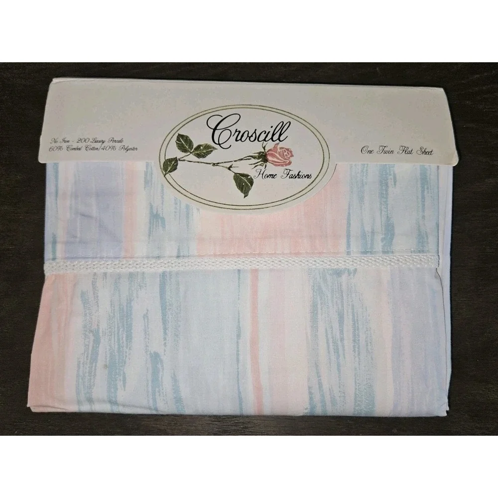 Croscil Brush Strokes Twin Flat Sheet 200TC Cotton Blend No Iron Percale Vintage